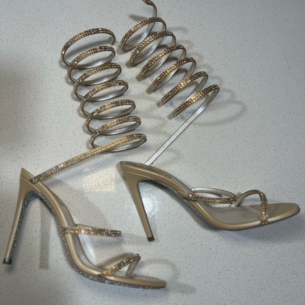 Rene Caovilla Margot Champagne Spiral Strap Heels